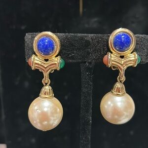 Vintage 80s Cabochons and Round Pearl Drop Earrings-Boutique
